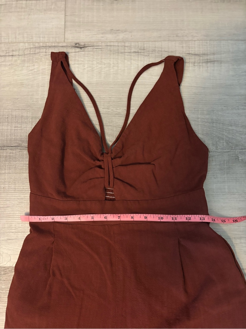 ANRABESS Rust Red Linen Blend Wide Leg Jumpsuit Deep V Smocked Back L - Picture 6 of 13